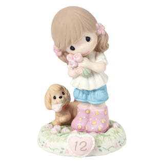 Precious Moments: Girl With Puppy And Flowers Age 12 Figurine, Brunette sparkle-castle
