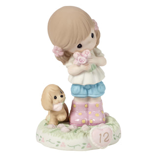 Precious Moments: Girl With Puppy And Flowers Age 12 Figurine, Brunette sparkle-castle