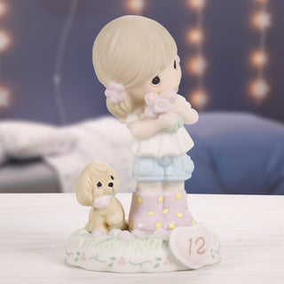 Precious Moments: Girl With Puppy And Flowers Age 12 Figurine, Brunette sparkle-castle