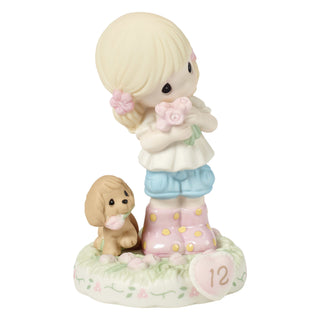 Precious Moments: Girl With Puppy And Flowers Age 12 Figurine, Blonde sparkle-castle