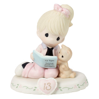 Precious Moments: Girl Reading Book With Kitten Age 13 Figurine, Blonde sparkle-castle
