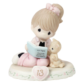 Precious Moments: Girl Reading Book With Kitten Age 13 Figurine, Brunette sparkle-castle