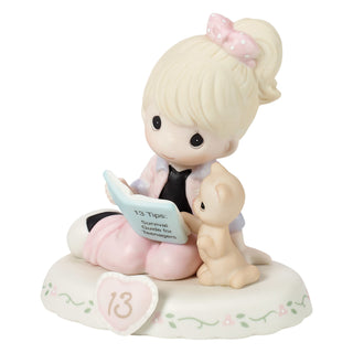 Precious Moments: Girl Reading Book With Kitten Age 13 Figurine, Blonde sparkle-castle