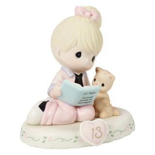 Precious Moments: Girl Reading Book With Kitten Age 13 Figurine, Blonde sparkle-castle