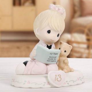 Precious Moments: Girl Reading Book With Kitten Age 13 Figurine, Blonde sparkle-castle