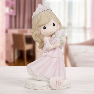 Precious Moments: Girl In Tiara With Bouquet Age 16 Figurine, Brunette sparkle-castle