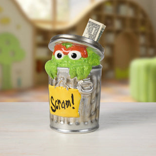 Precious Moments Sesame Street: Oscar the Grouch Garbage Can Bank sparkle-castle