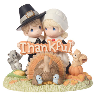 Precious Moments: Pilgrim Couple Holding Thankful Sign Limited Edition Figurine sparkle-castle