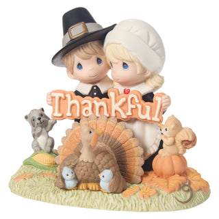 Precious Moments: Pilgrim Couple Holding Thankful Sign Limited Edition Figurine sparkle-castle