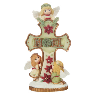 Precious Moments: Trio of Angels Around Cross Covered In Poinsettias Figurine sparkle-castle