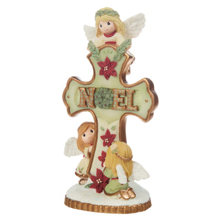 Precious Moments: Trio of Angels Around Cross Covered In Poinsettias Figurine sparkle-castle