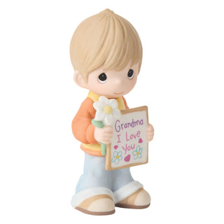 Precious Moments: Grandma's Boy Holding Sign & Flower Figurine sparkle-castle