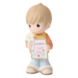 Precious Moments: Grandma's Boy Holding Sign & Flower Figurine sparkle-castle
