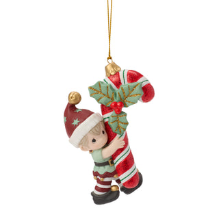 Precious Moments: Elf Carrying Candy Cane Hanging Ornament sparkle-castle