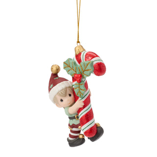 Precious Moments: Elf Carrying Candy Cane Hanging Ornament sparkle-castle