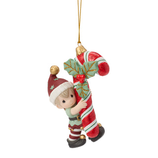 Precious Moments: Elf Carrying Candy Cane Hanging Ornament sparkle-castle