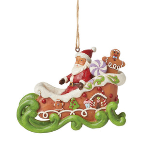 Jim Shore Heartwood Creek: Gingerbread Christmas Santa in Sleigh Hanging Ornament sparkle-castle