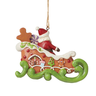 Jim Shore Heartwood Creek: Gingerbread Christmas Santa in Sleigh Hanging Ornament sparkle-castle