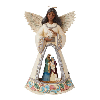 Jim Shore Heartwood Creek: White Woodland LED Open Scene African American Nativity Angel Figurine sparkle-castle