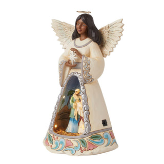 Jim Shore Heartwood Creek: White Woodland LED Open Scene African American Nativity Angel Figurine sparkle-castle