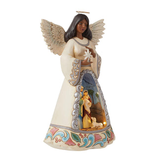 Jim Shore Heartwood Creek: White Woodland LED Open Scene African American Nativity Angel Figurine sparkle-castle