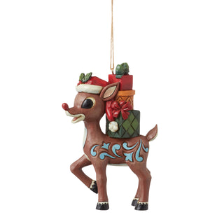 Jim Shore Rudolph Traditions: Rudolph With Stacked Presents On His Back Hanging Ornament sparkle-castle