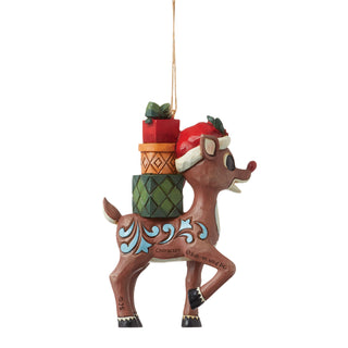 Jim Shore Rudolph Traditions: Rudolph With Stacked Presents On His Back Hanging Ornament sparkle-castle