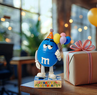 Jim Shore M&M'S: Blue M&M Holding Birthday Balloons Figurine sparkle-castle