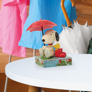 Jim Shore Peanuts: Snoopy Holding Umbrella With Woodstock Figurine sparkle-castle