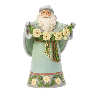 Jim Shore Heartwood Creek: Opal & Moss Santa With White Poinsettia Garland Figurine sparkle-castle