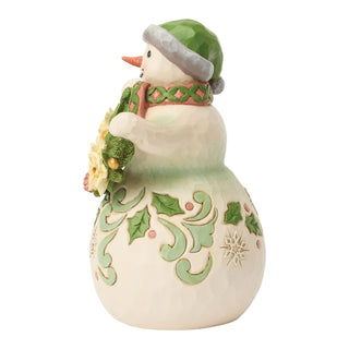 Jim Shore Heartwood Creek: Opal & Moss Snowman With White Poinsettia Garland Figurine sparkle-castle