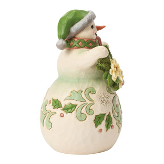 Jim Shore Heartwood Creek: Opal & Moss Snowman With White Poinsettia Garland Figurine sparkle-castle