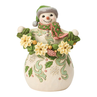 Jim Shore Heartwood Creek: Opal & Moss Snowman With White Poinsettia Garland Figurine sparkle-castle