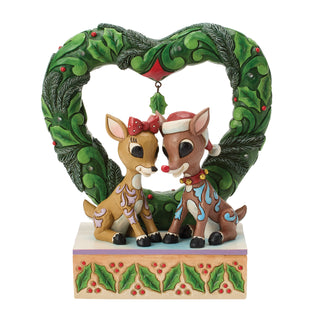 Jim Shore Rudolph Traditions: Rudolph & Clarice In Heart Wreath Figurine sparkle-castle