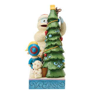 Jim Shore Rudolph Traditions: Bumble Holding Rudolph by Tree Figurine sparkle-castle