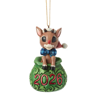 Jim Shore Rudolph Traditions: Dated 2026 Rudolph in Bag Hanging Ornament sparkle-castle