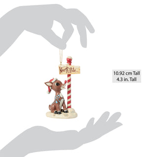 Jim Shore Rudolph Traditions: Rudolph by North Pole Sign Hanging Ornament sparkle-castle