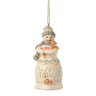 Jim Shore Heartwood Creek: White Woodland Snowman Holding Fawn Hanging Ornament sparkle-castle