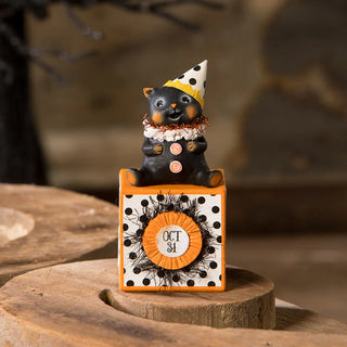 Michelle Allen by Bethany Lowe Halloween: Party Hat Kitty on Block Figurine sparkle-castle