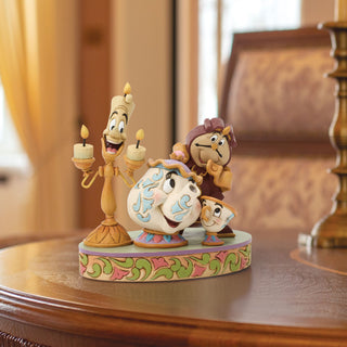 Jim Shore Disney Traditions: Lumiere, Mrs. Potts, Cogsworth & Chip Figurine sparkle-castle