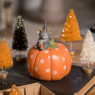 Michelle Allen by Bethany Lowe Halloween: Party Hat Mouse on Pumpkin Figurine sparkle-castle