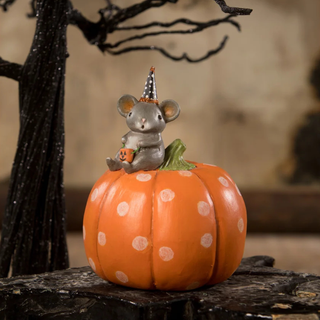 Michelle Allen by Bethany Lowe Halloween: Party Hat Mouse on Pumpkin Figurine sparkle-castle