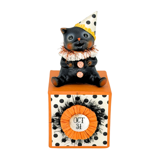 Michelle Allen by Bethany Lowe Halloween: Party Hat Kitty on Block Figurine sparkle-castle
