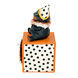 Michelle Allen by Bethany Lowe Halloween: Party Hat Kitty on Block Figurine sparkle-castle