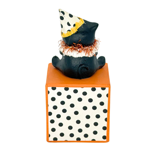 Michelle Allen by Bethany Lowe Halloween: Party Hat Kitty on Block Figurine sparkle-castle