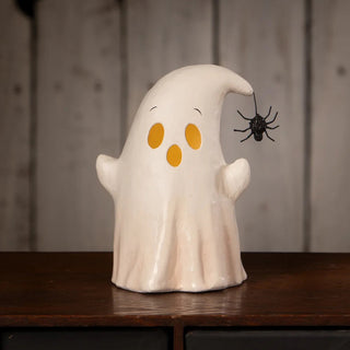 Bethany Lowe Halloween: Luminary Boo Ghost with Spider Figurine sparkle-castle