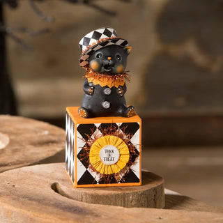 Michelle Allen by Bethany Lowe Halloween: Top Hat Kitty on Block Figurine sparkle-castle